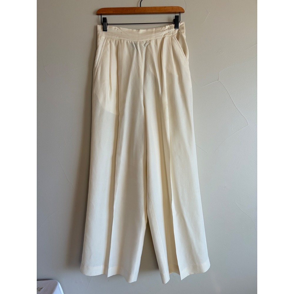 Vintage Ralph Lauren 100% Silk Wide Leg Trouser Pants Cream Off-White Size 8
